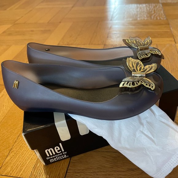 **New w/ box** Melissa Mel Black Gold Butterfly Ultragirl Flats Sz 3 - Picture 1 of 1